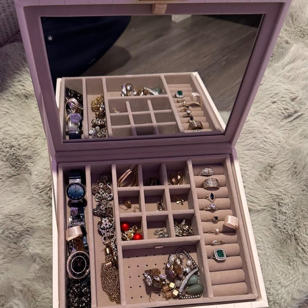 2-Tier Jewelry Box with Mirror, Jewelry Organizer, Removable Tray